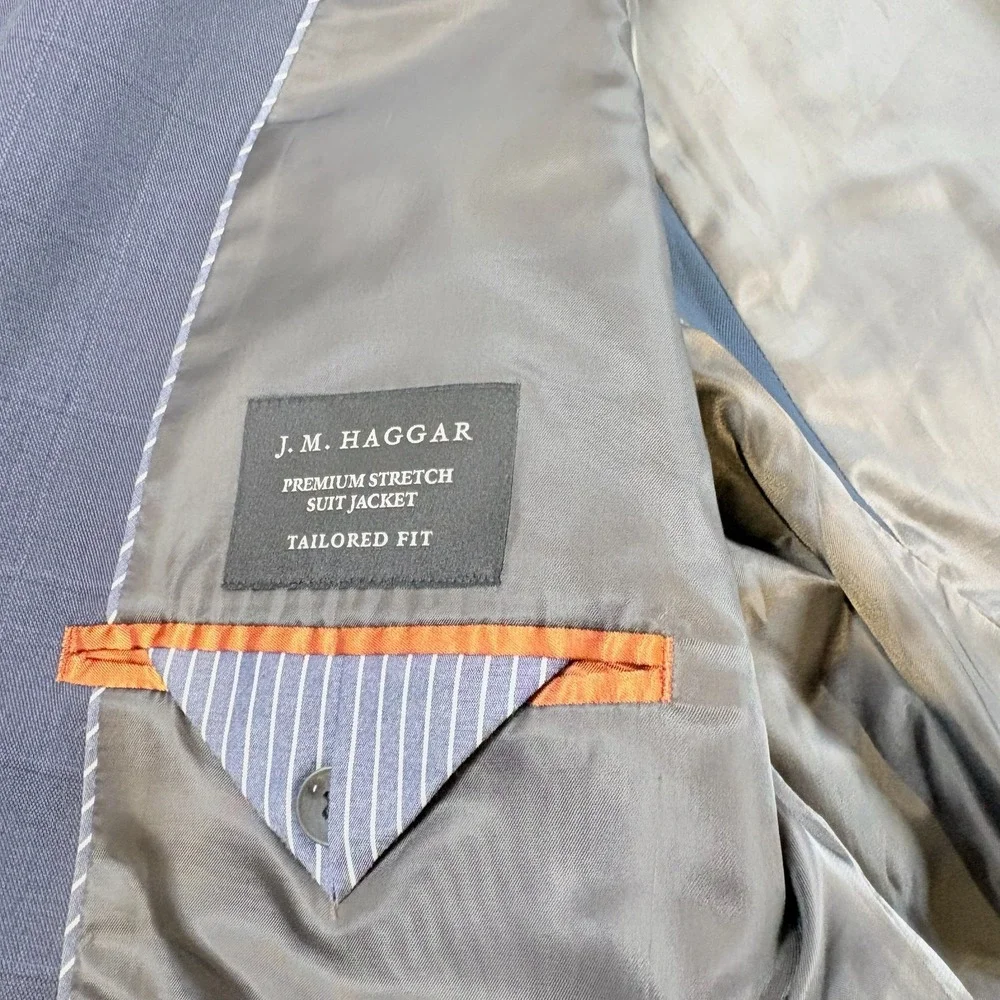 J.M. Haggar Suit Jacket Mens 50R Blue Premium Stretch Tailored Fit Plaid Coat